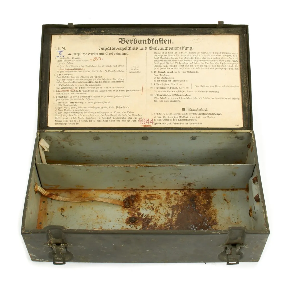 Original German WWII Verbandkasten Medic First Aid Set in Steel Chest